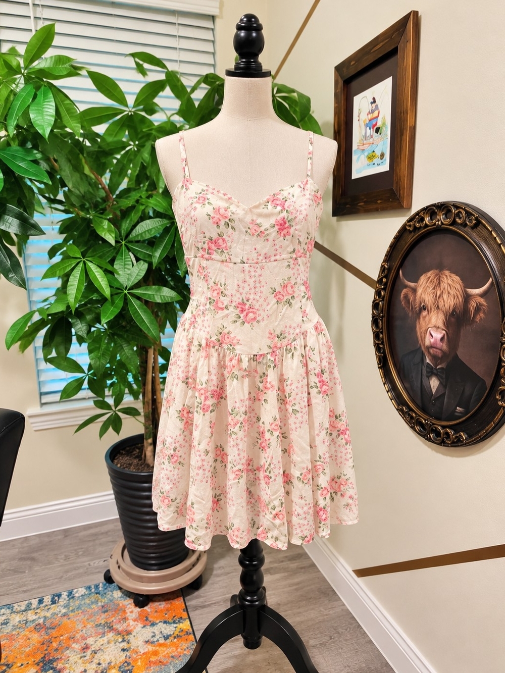 Altar'd State Cream Floral Spaghetti-Strap Mini Dress